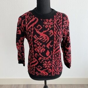 Vintage 80's Le Rouge Metallic Ornate Sweater Red Black Silver XS Small USA